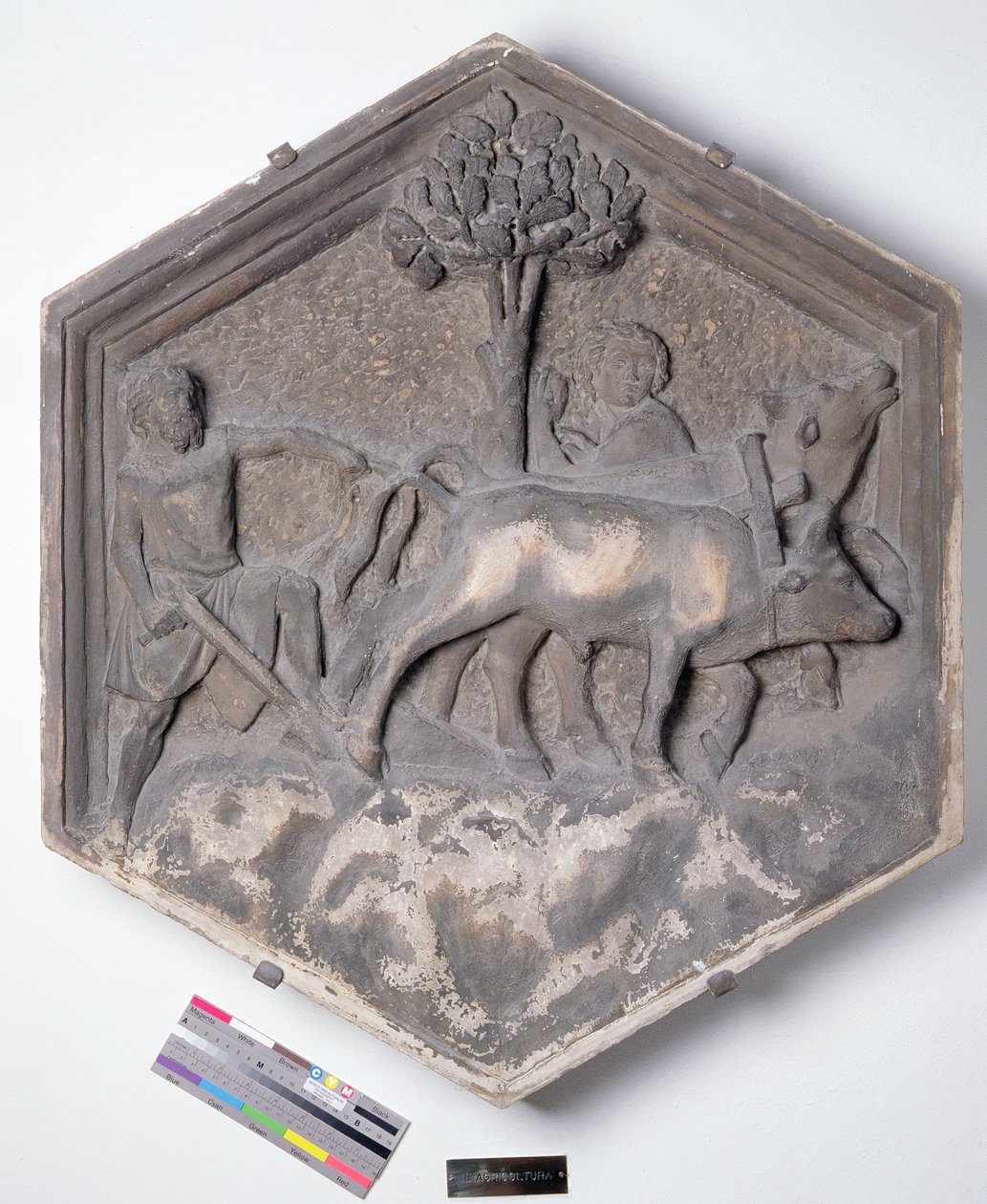 Tarım Sanatı, Sanat ve Bilim pratisyenlerini betimleyen bir diziden altıgen dekoratif kabartma karo, muhtemelen Giotto (c.1266-1337) c.1334-1348 (mermer) tarafından yapılan tasarımlara dayanmaktadır. by Andrea Pisano