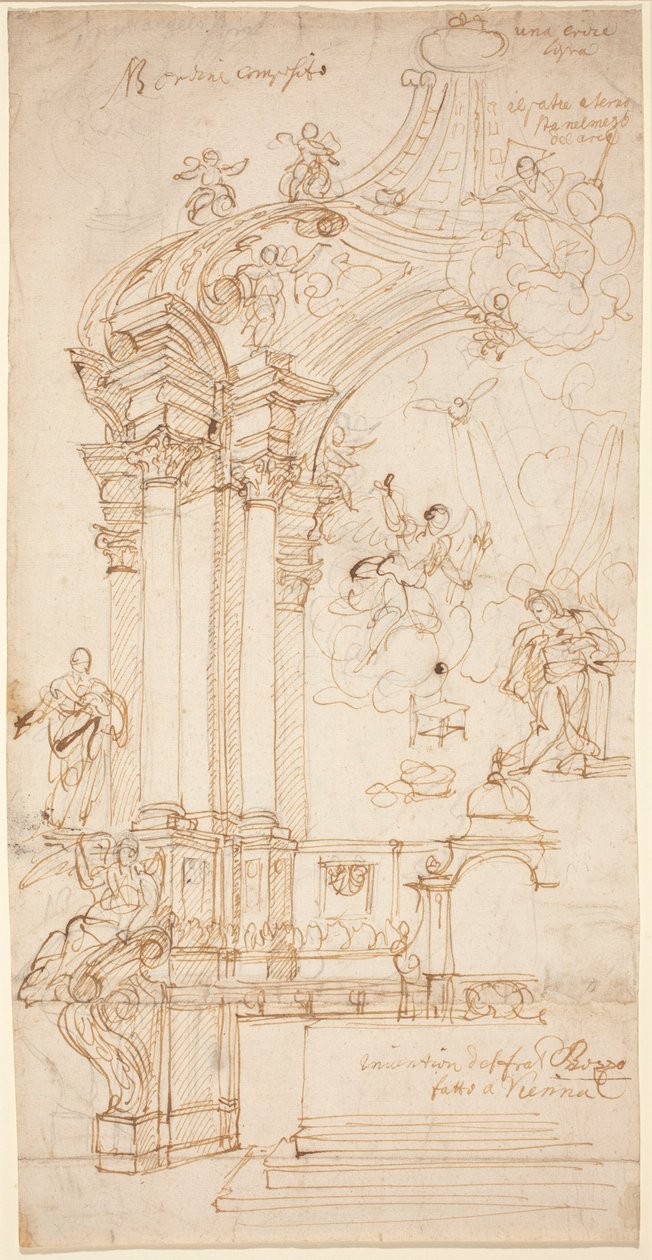 Müjde Tablosu ile Bir Baldachin, 1708 civarı veya sonrası (kalem ve mürekkeple çizim) by Andrea Pozzo