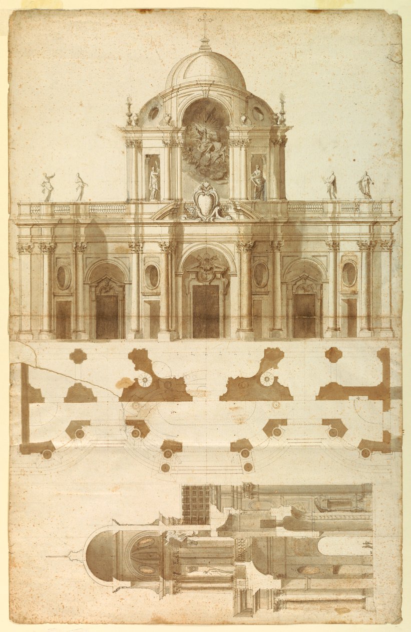San Giovanni Cephesi için Önerilen Yükseklik, Kesit ve Plan, Laterano, Roma, İtalya by Andrea Pozzo