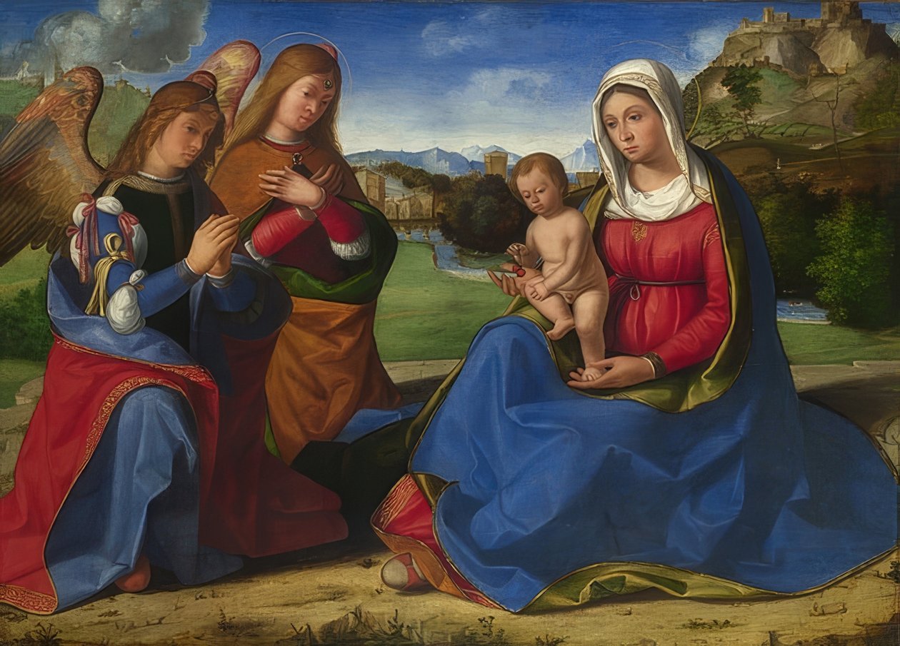 Madonna ve Çocuk İki Melek Tarafından Sevildi. 1505 civarında by Andrea Previtali