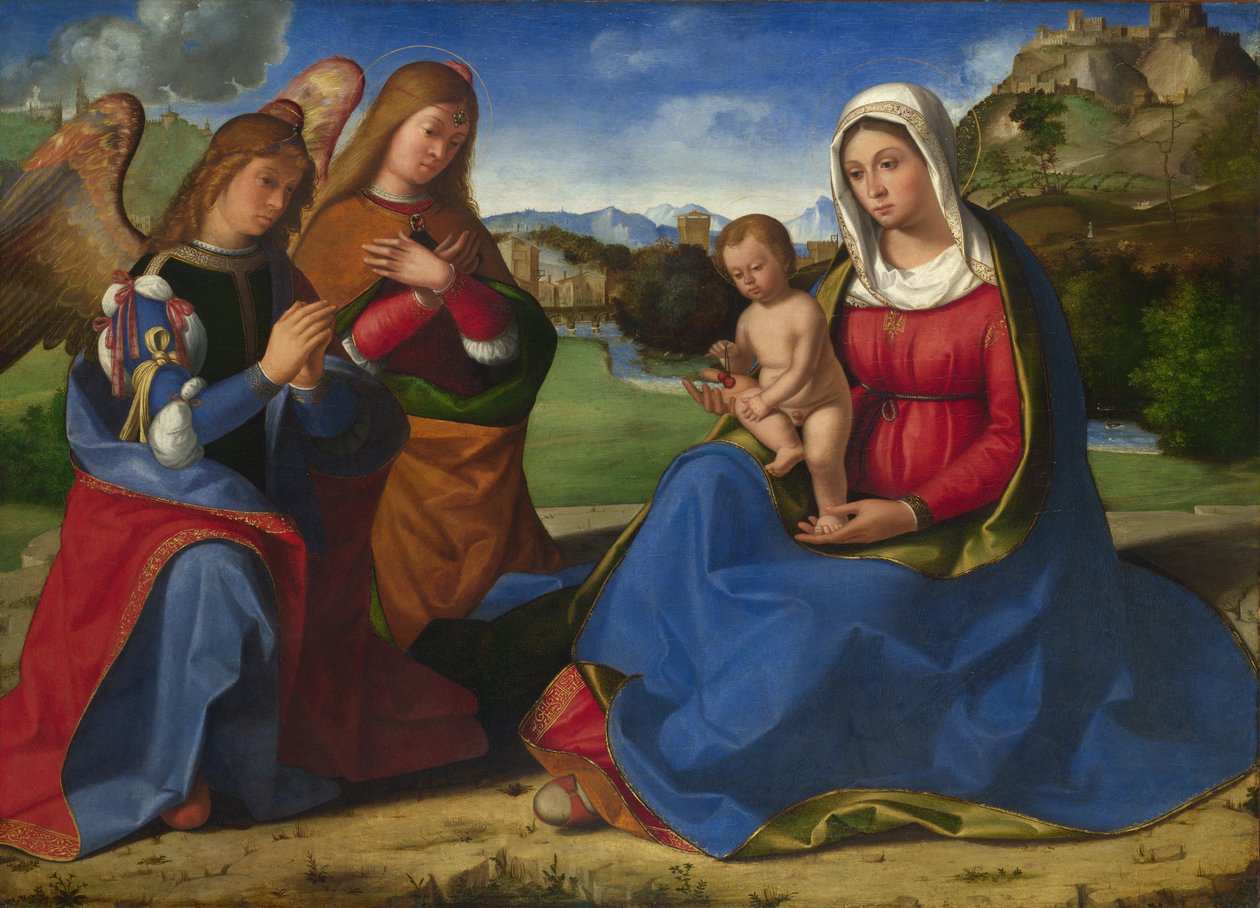İki Melek tarafından tapılan Bakire ve Çocuk, c. 1505 by Andrea Previtali