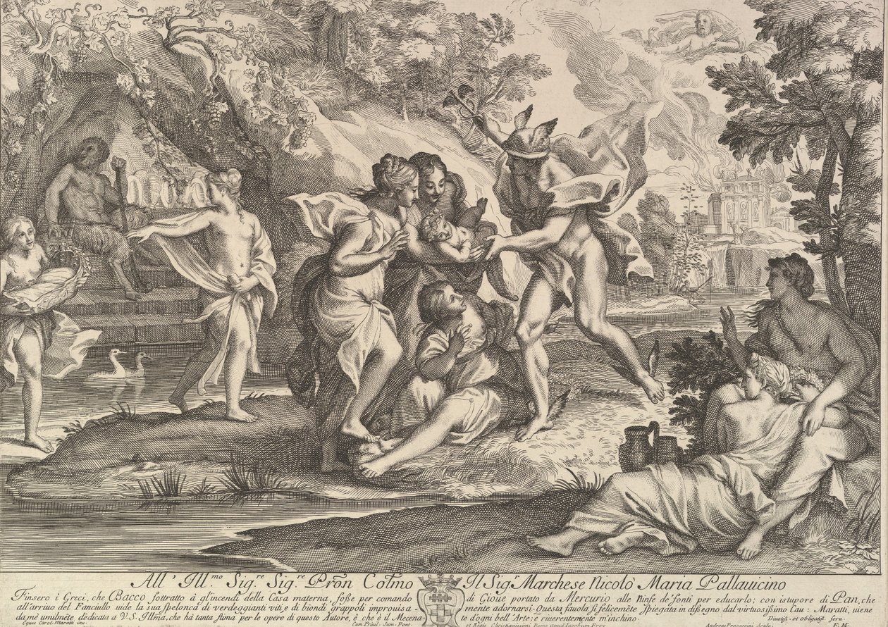 Bacchus, Merkür tarafından Perilerin bakımına verilen bir çocuk olarak. by Andrea Procaccini