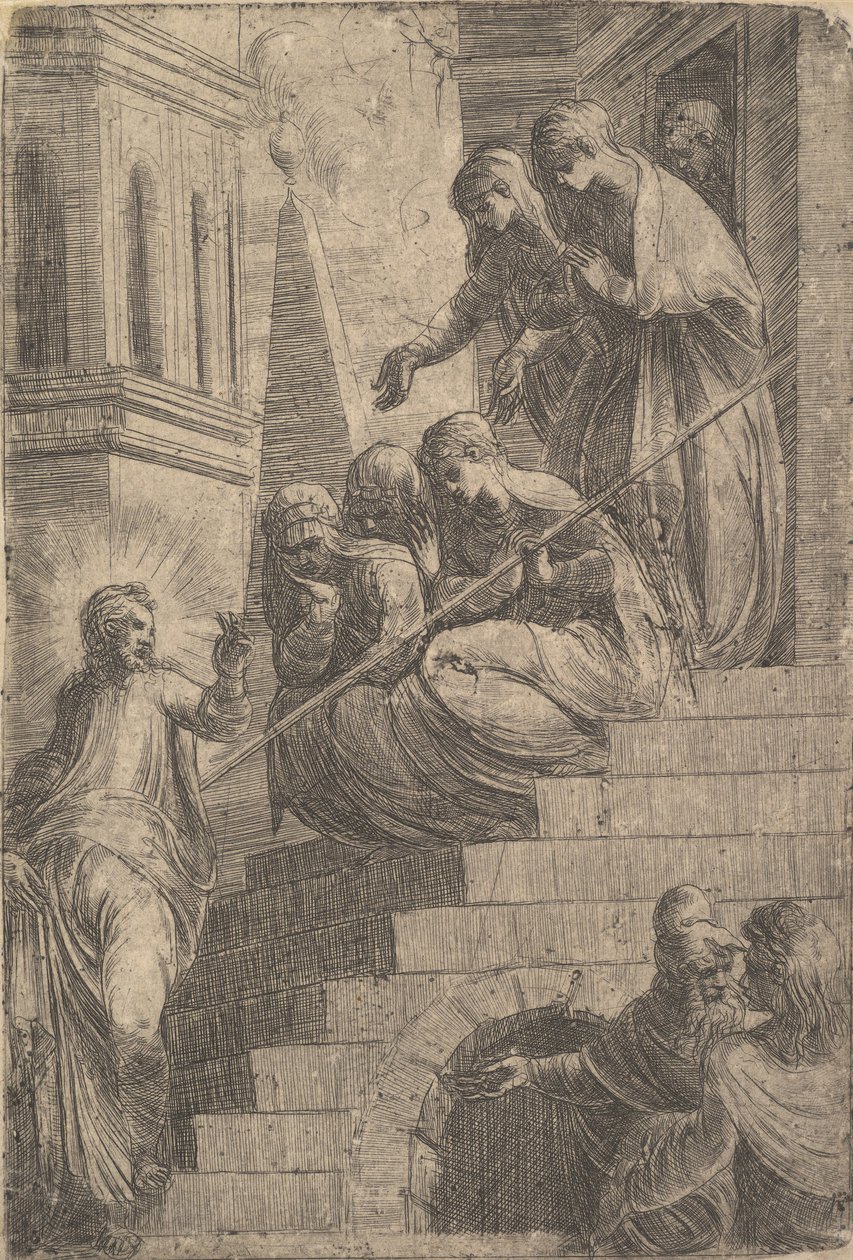 Merdivenlerde oturan ve ayakta duran bir grup kadına hitap eden İsa, yakl. 1541-44. by Andrea Schiavone