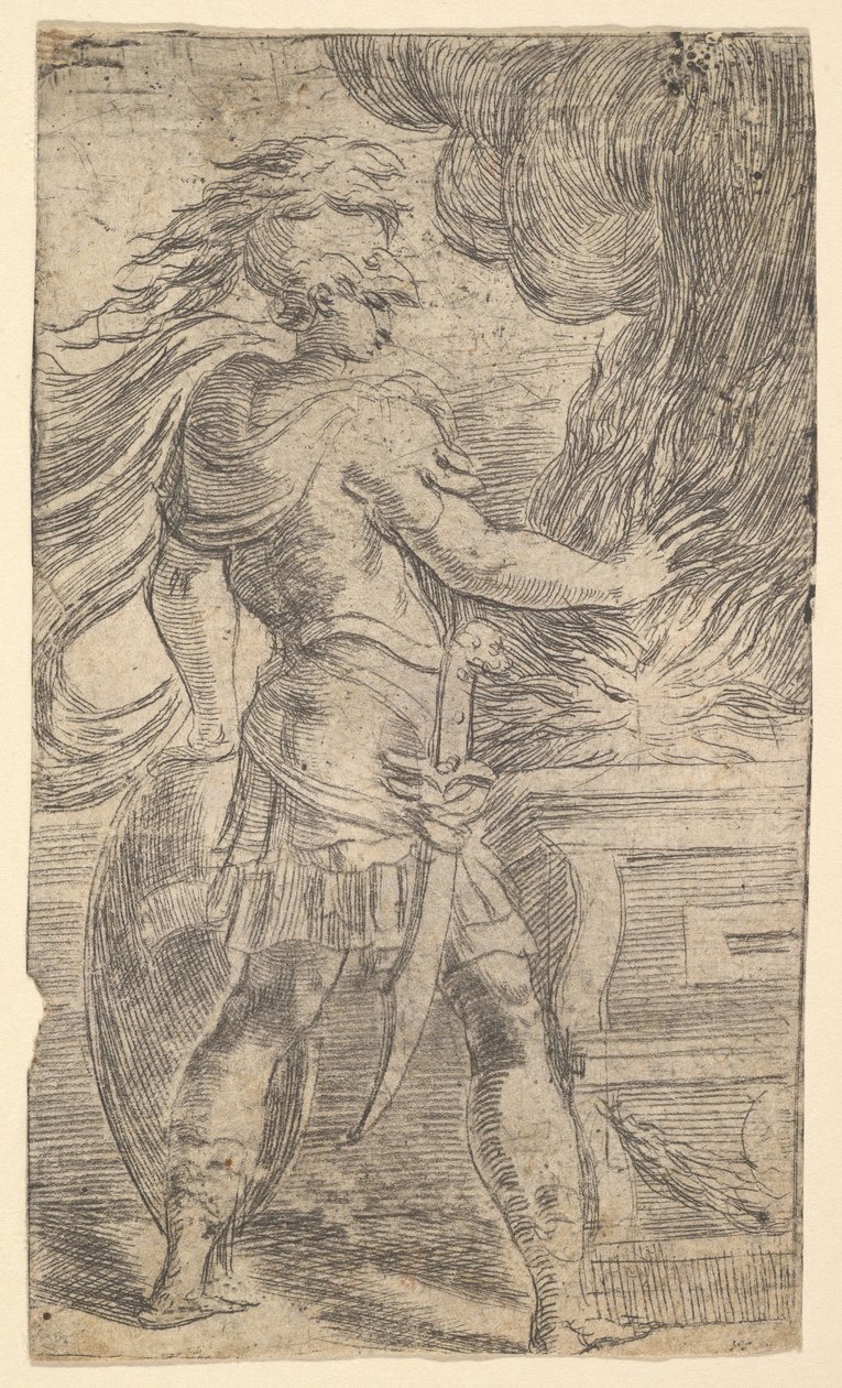 Mutius Scaevola, elini alevlerin içine koyarak bir kompozisyonun sol yarısında, kimin hakkı..., ca. 1540. by Andrea Schiavone