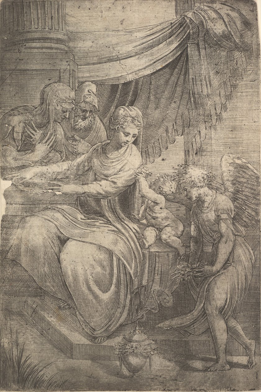 Kutsal Aile, sağdan yaklaşan çiçekleri tutan bir melek, ca. 1550-53. by Andrea Schiavone