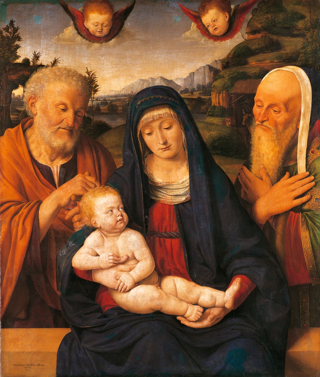 Andrea Solario (1470-1524) tarafından Aziz Joseph ve Simeon ile Madonna ve Çocuk, panelde tempera ve yağlı boya, tuvale aktarılmış by Andrea Solario