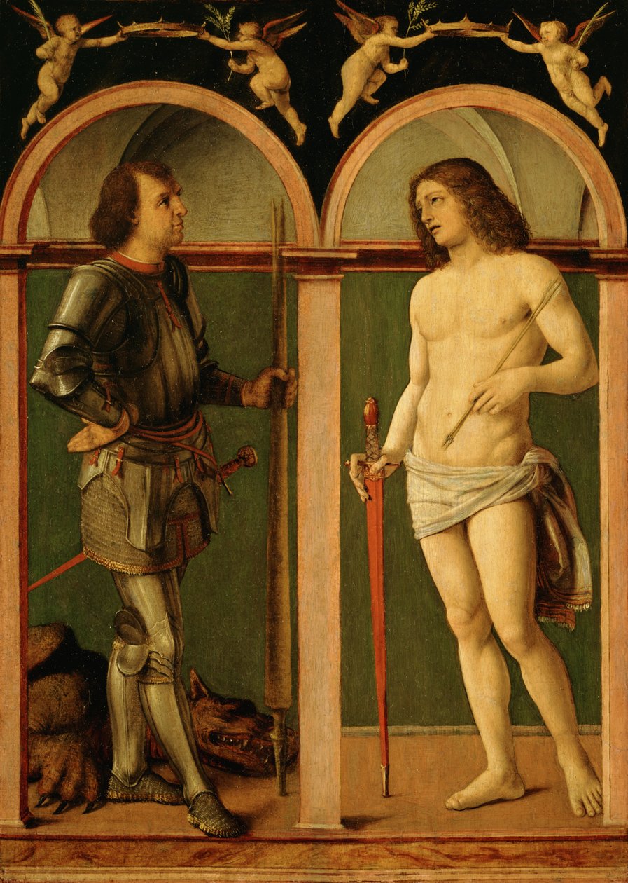 Aziz George ve Aziz Sebastian (ahşap panel üzerine yağlı boya) by Andrea Solario