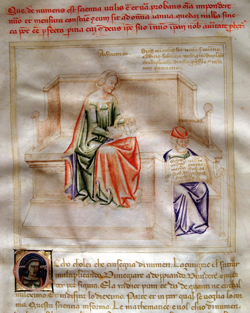 Bartolomeo di Bartoli'nin "" Chansonne des sept Vertus et des sept Sanat liberalleri Bruzio Visconti'ye (Erdemlerin ve Bilimlerin Şarkısı) yazgısında Aritmetik Alegorileri. Andrea di Bartoli tarafından suluboya (1358 ve 1368 arasında akti by Andrea de Bartoli
