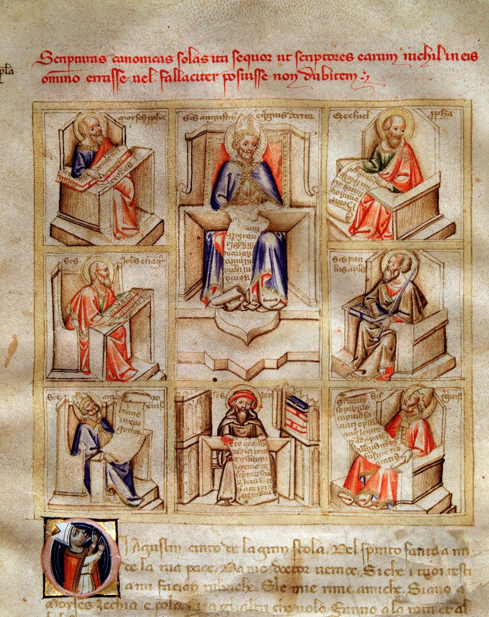 Kilise doktorlarının temsili: Aziz John, Milanolu Aziz Ambrose, Aziz Jerome, Büyük Aziz Gregoire ve Aziz Paul “” Song of the Seven Vertus and the Seven Liberals Arts for the Bruzio Visconti”” (La Canzone delle) erdem ve dell by Andrea de Bartoli