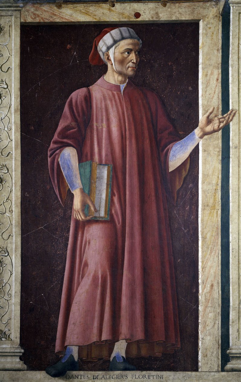 Ünlü erkek ve kadınlardan oluşan Villa Carducci serisinden Dante Alighieri, c.1450 (tuval üzerine yerleştirilmiş fresk) by Andrea del Castagno