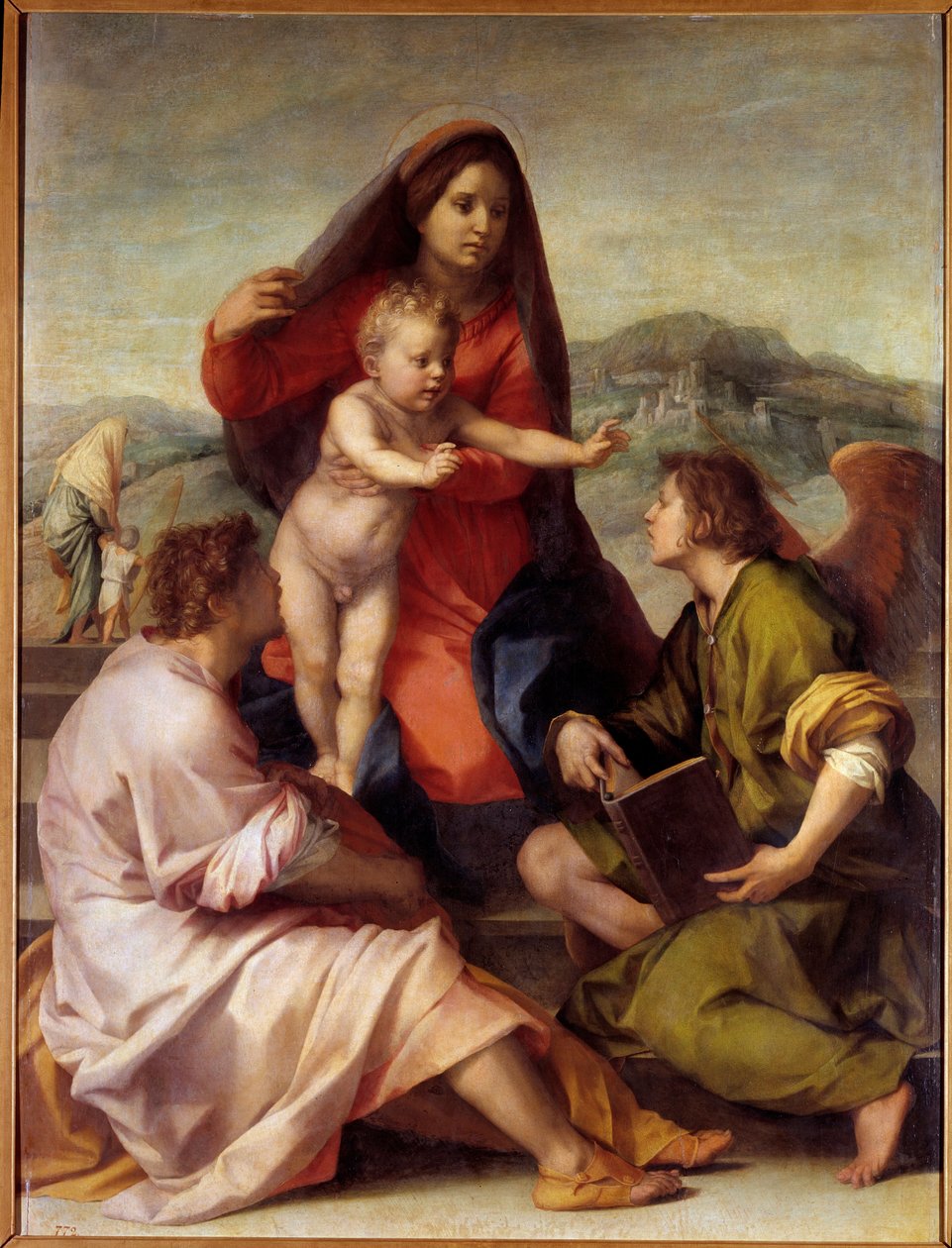 Madonna della Scala. Bir melek ile kutsal aile. Andrea del Sarto (1486-1531) 1522-1523 Sun tarafından tablo. 1,77x1,35 m Madrid, Prado Müzesi by Andrea del Sarto