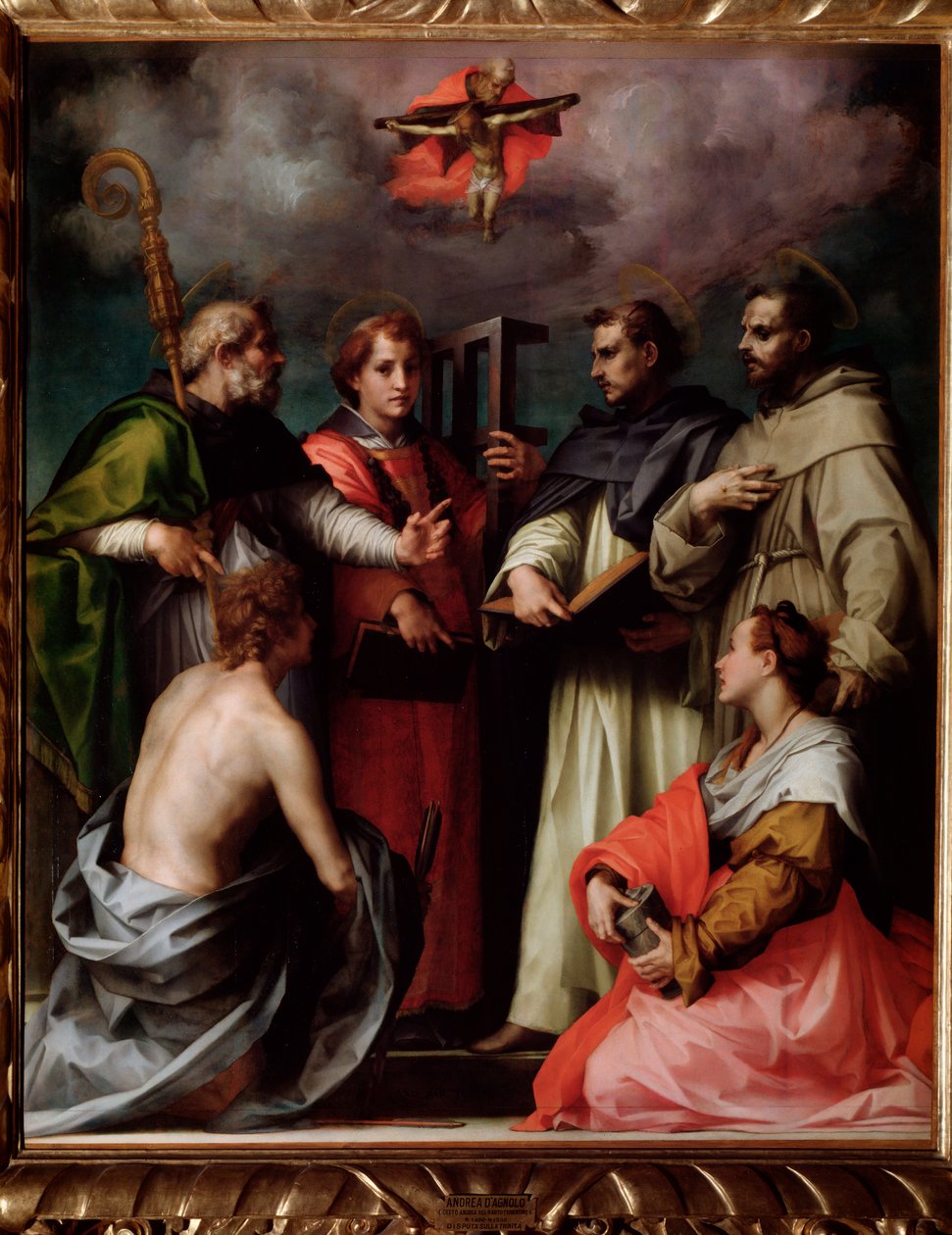 Aziz Petrus, Aziz Lawrence, Hippo Aziz Augustine, Aziz Francis, Aziz Sebastian, Aziz Mary Magdalene ile Kutsal Üçlü Müzakere (Resim, c.1517) by Andrea del Sarto