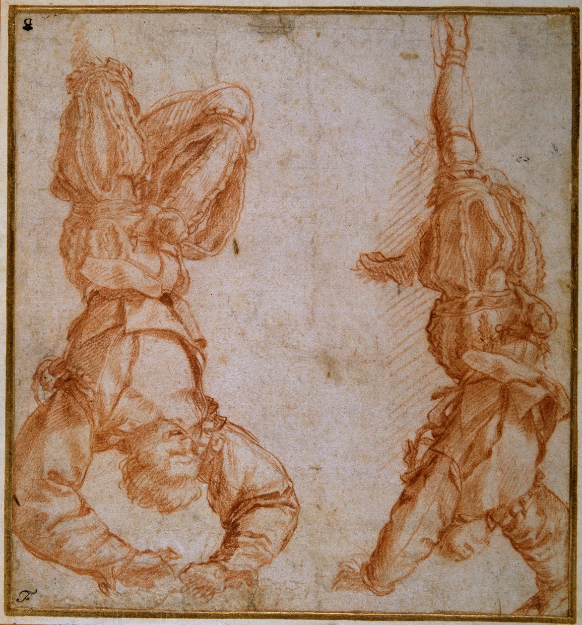 Sol bacağından asılı duran bir adamın iki çalışması (kremalı kağıt üzerinde kırmızı tebeşir) by Andrea del Sarto