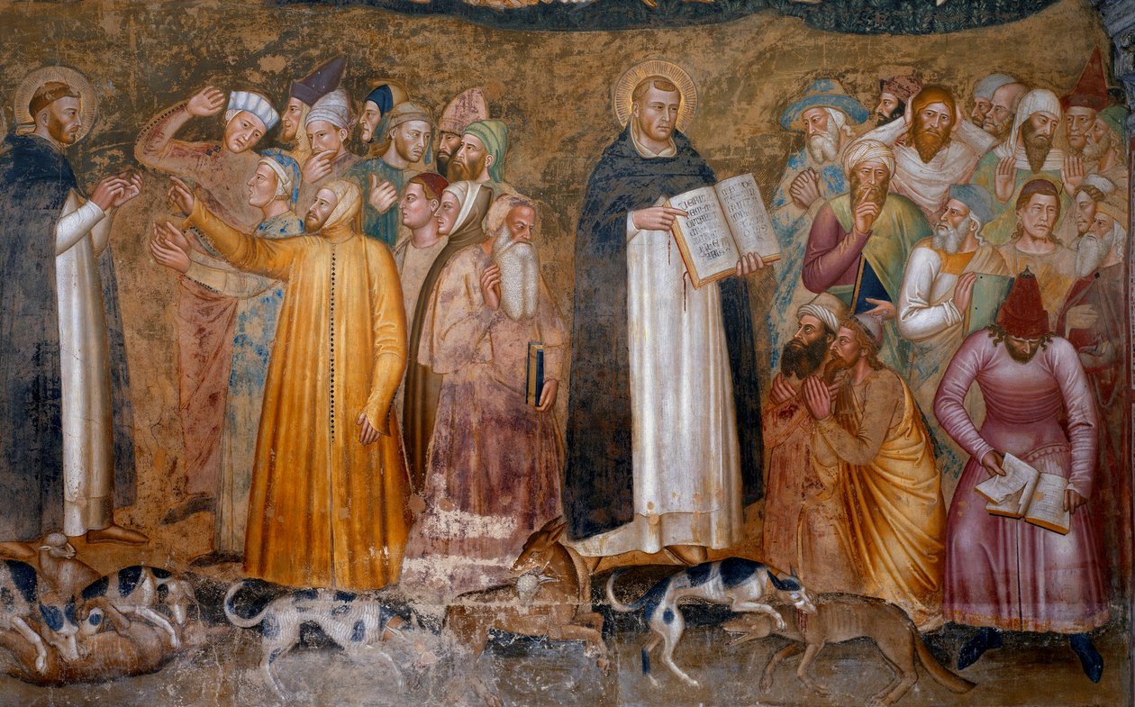 Militan kilisenin zaferi: Thomas Aquinas, sapkınların önünde ve sağ altta, Fra Dolcino, Kilisenin resmi doktrinini yırttı. Spagniards Şapeli (fresk detayı, 1365) by Andrea di Bonaiuto (fl.1343 77)
