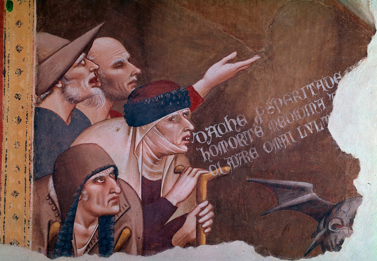 Bir grup hastayı, hasta eklopları ve dilencileri betimleyen Kıyamet sahnesinin detayı.Ölümün Zaferi (Fresco) by Andrea di Cione Orcagna