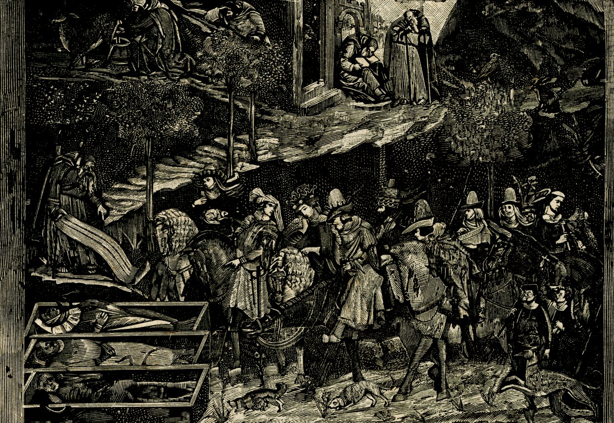 Binicilik, Triumph of Death'ten detay, Andrea Orcagna'nın freski (yaklaşık 1315-1368), Pisa, Toskana, İtalya, Le cento citta d'Italia'dan (Yüz İtalyan kasabası) gravür, Il Secolo'nun resimli aylık Eki, Milano, Aralık 24 by Andrea di Cione Orcagna