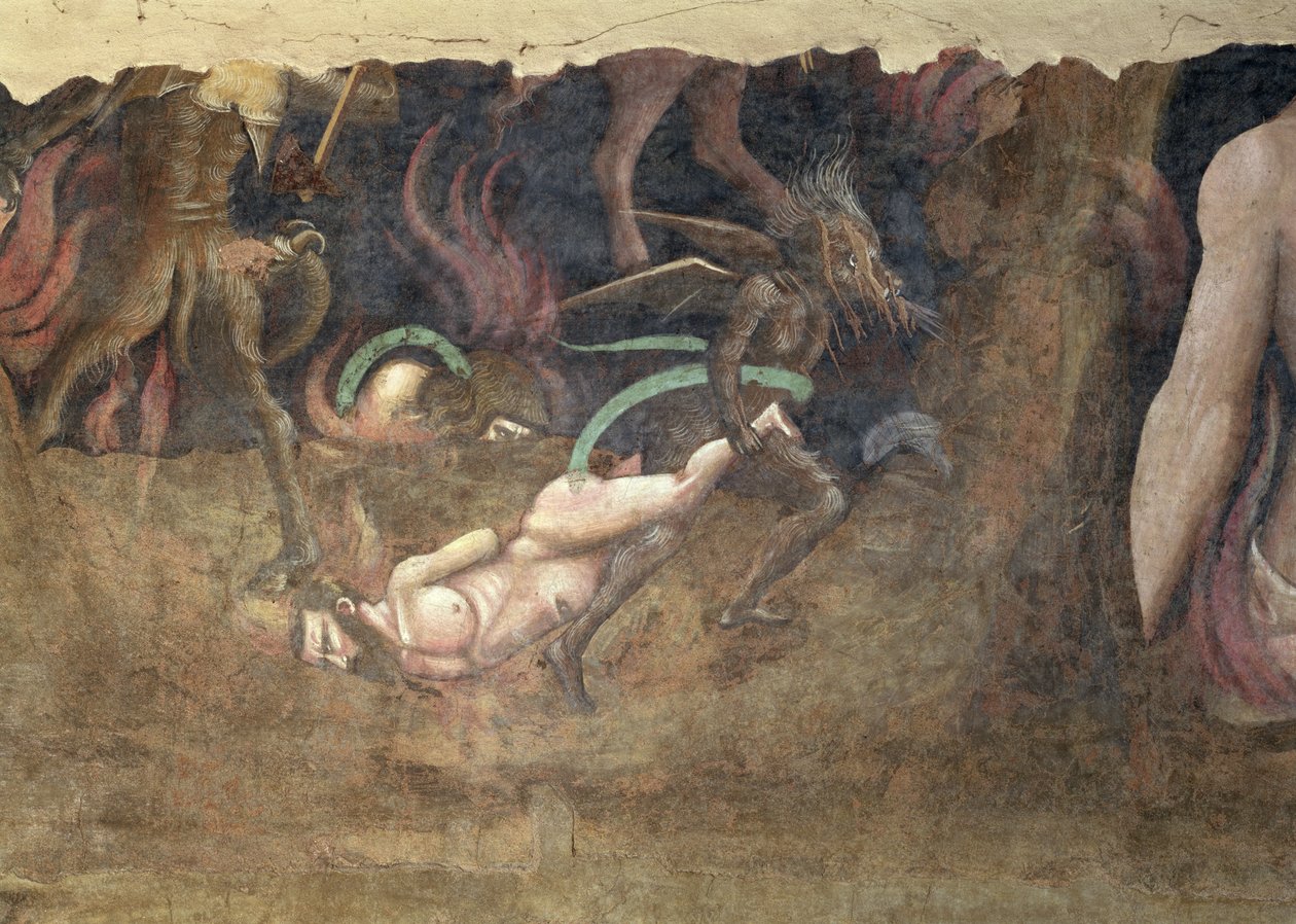 Ölümün Zaferi, günahkarı cehenneme götüren bir şeytanın detayı, 1348 fresk by Andrea di Cione Orcagna