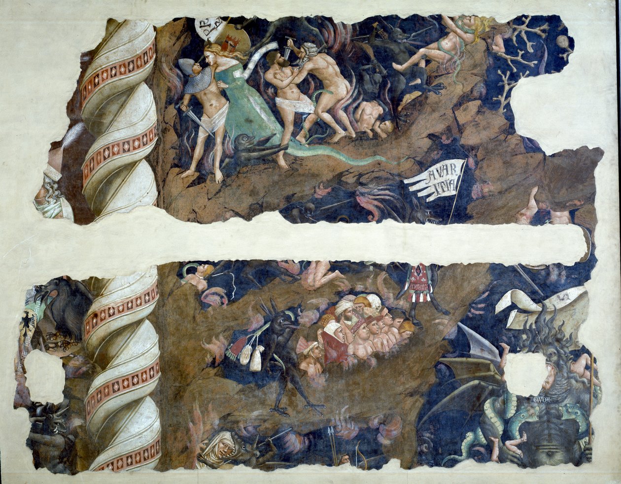 Ölümün Zaferi, cehennemi tasvir eden parçaların detayı, 1348 fresk by Andrea di Cione Orcagna