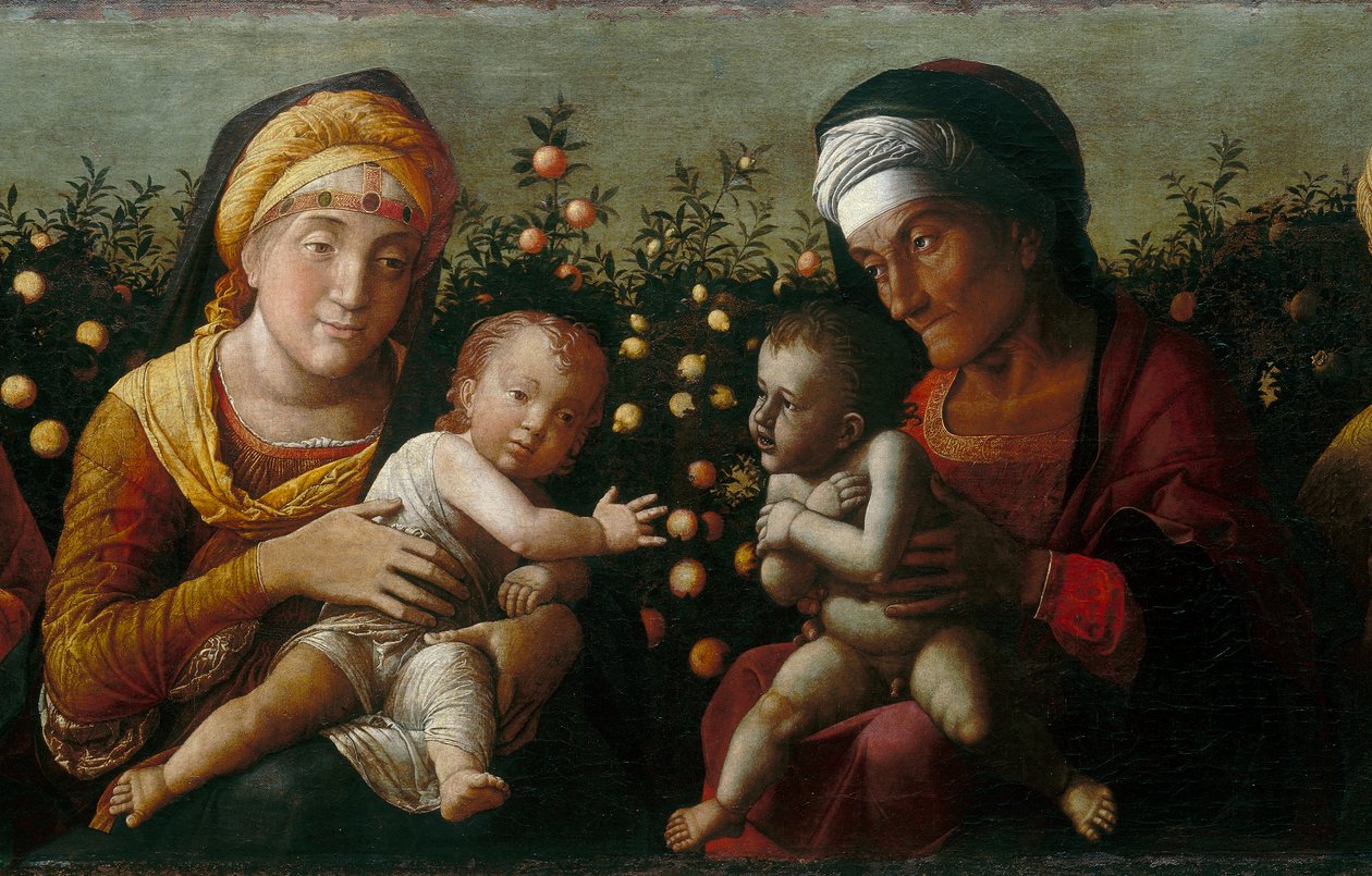 Aziz Elisabeth, John ve Zachary ile Kutsal Aile, detay by Andrea school of Mantegna