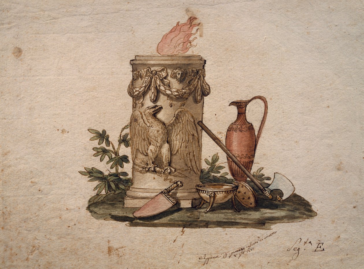 Kesici silahlar, fincan ve amfora ile süslenmiş, kartal ve festoonlarla süslenmiş sütun şeklindeki mangal, Andrea Appiani (1754-1817), İtalya by Andrea the Elder Appiani