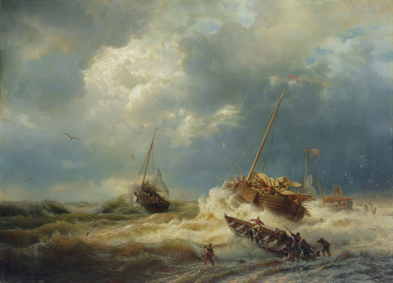 Hollanda Sahilinde Fırtınada Gemiler, 1854 by Andreas Achenbach