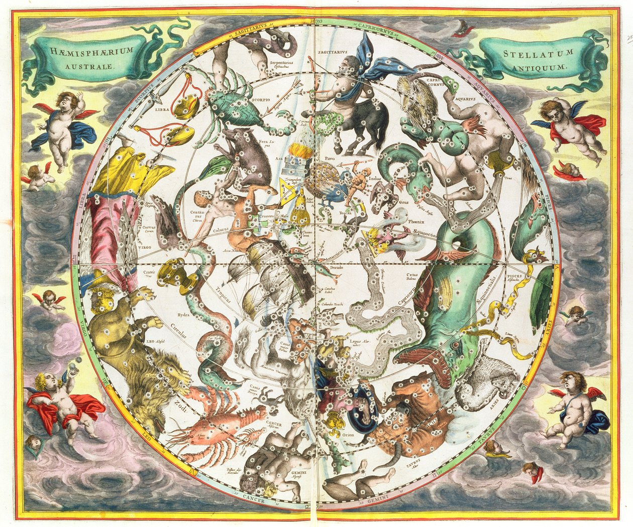 Güney Yarımküre Haritası, 'Göksel Atlas veya Evrenin Uyumu'ndan (Atlas coelestis seu harmonia macrocosmica) pub. Joannes Janssonius, Amsterdam, 1660-61 by Andreas Cellarius
