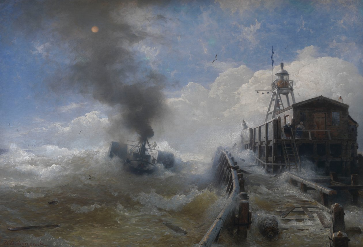 Oostende Limanından Ayrılan Bir Römorkör by Andreas Achenbach