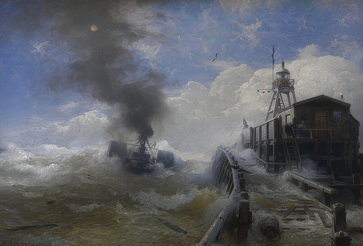 Bir römorkör gelgit sırasında Oostende limanından ayrılıyor. 1878 by Andreas Achenbach
