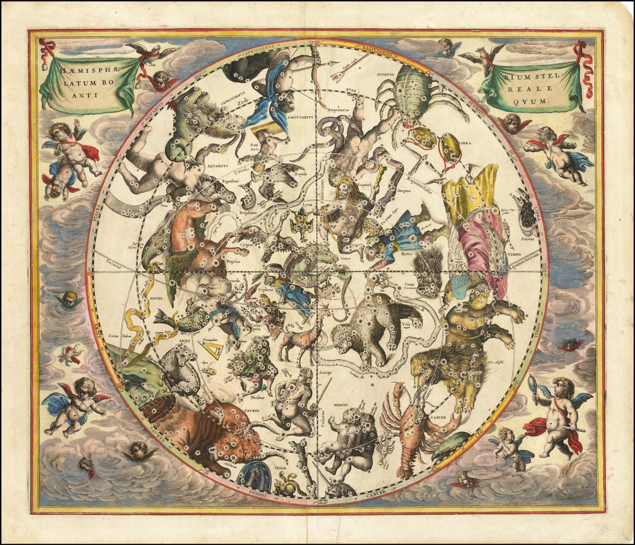 1660 yılında Kuzey Yarımküre takımyıldızlarının dünyanın Güney Yarımküresi üzerine bindirilmiş halini gösteren gök haritası by Andreas Cellarius