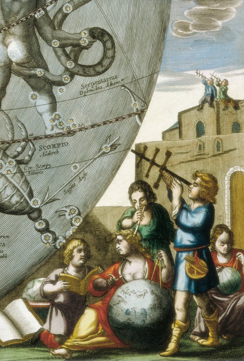 Bilim adamları (astrologlar ve gökbilimciler) küreleri ve gökyüzü grafiğini inceliyorlar, Andreas Cellarius (1596-1665) tarafından Atlas Coelestis seu Harmonia Macrocosmica