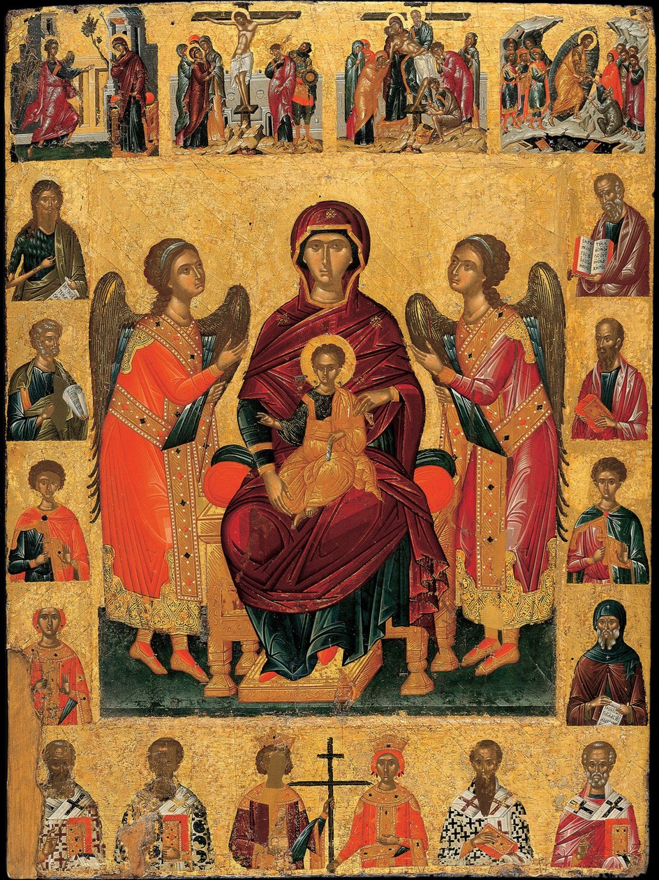 Tahttaki Bakire ve Çocuk (iki melekle, sahne, Evanjelistlerin ve azizlerin figürleriyle çerçevelenmiştir, Tutku sahneleri ve aşağıda, Kilisenin patrikleri ile örtülmüştür) (Bakire ve Çocuk enthroned) - Simge Andreas