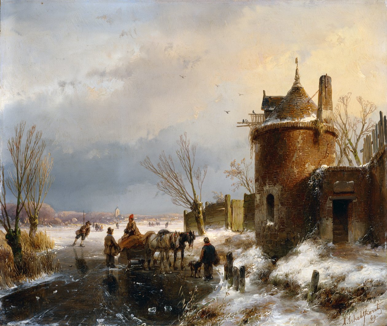 Bir Kış Manzarası (panelde yağlı boya) by Andreas Schelfhout