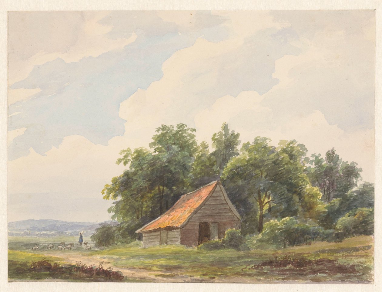 Ahır ile manzara ve uzakta koyunlu bir çoban by Andreas Schelfhout