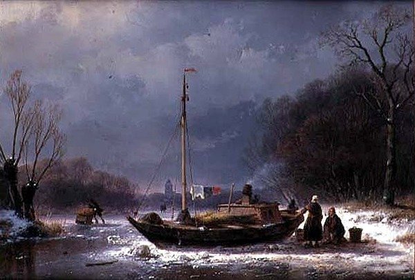 Donmuş Nehirde Tekneyle Köylüler (tuval üzerine yağlı boya) by Andreas Schelfhout