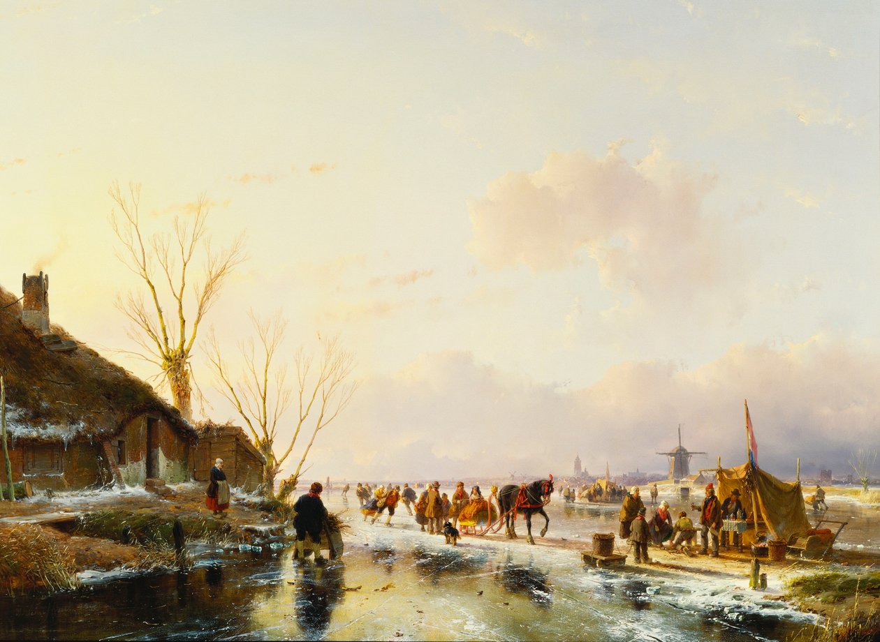 Donmuş Nehirde Bir Standın Yanındaki Patenciler, 1850 by Andreas Schelfhout