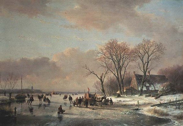 Çok sayıda patenci ile kış nehir manzarası by Andreas Schelfhout