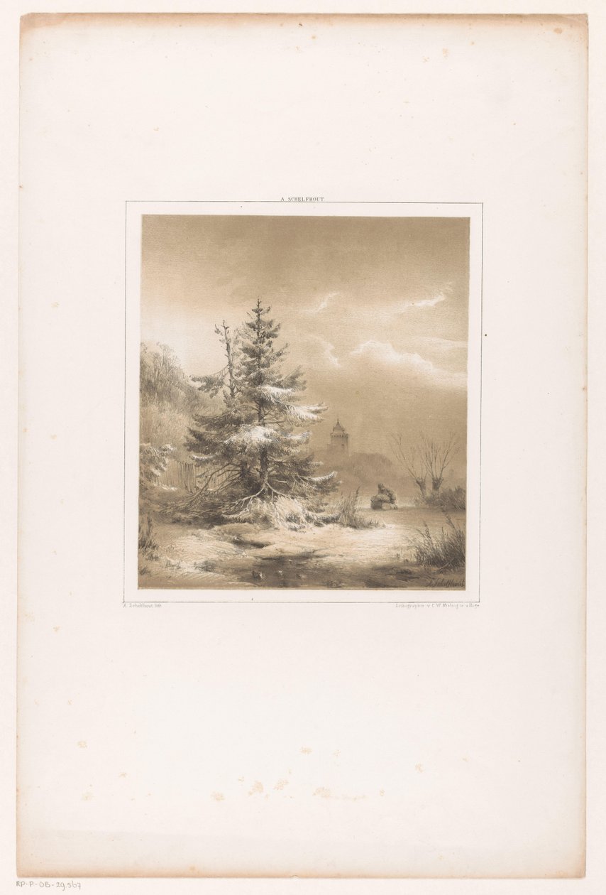 Çam ağaçları ve kızağı olan bir adam ile kış manzarası by Andreas Schelfhout