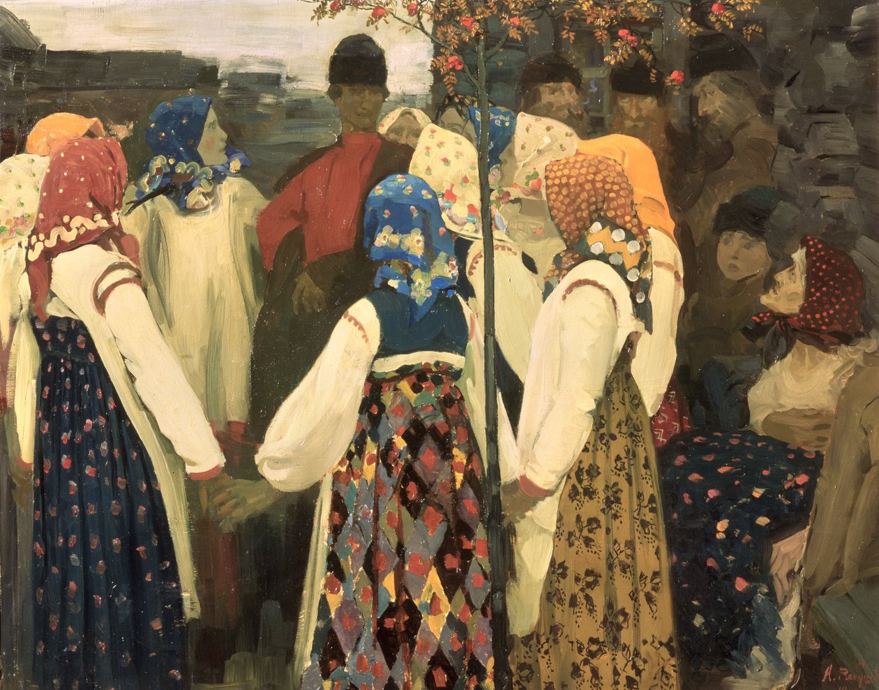 Bir delikanlı kızın yuvarlak dansına girdi, 1902 by Andrei Petrovich Ryabushkin