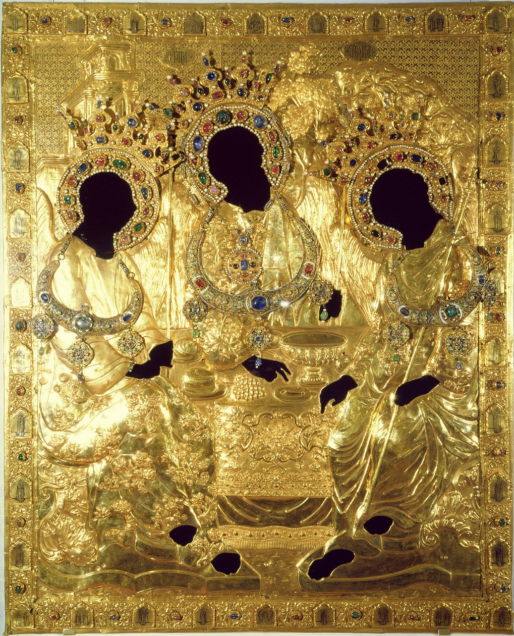 Oklad veya Trinity Simgesinin kapağı (değerli taşlar ve incilerle birlikte altın ve gümüş) (detay) by Andrei Rublev