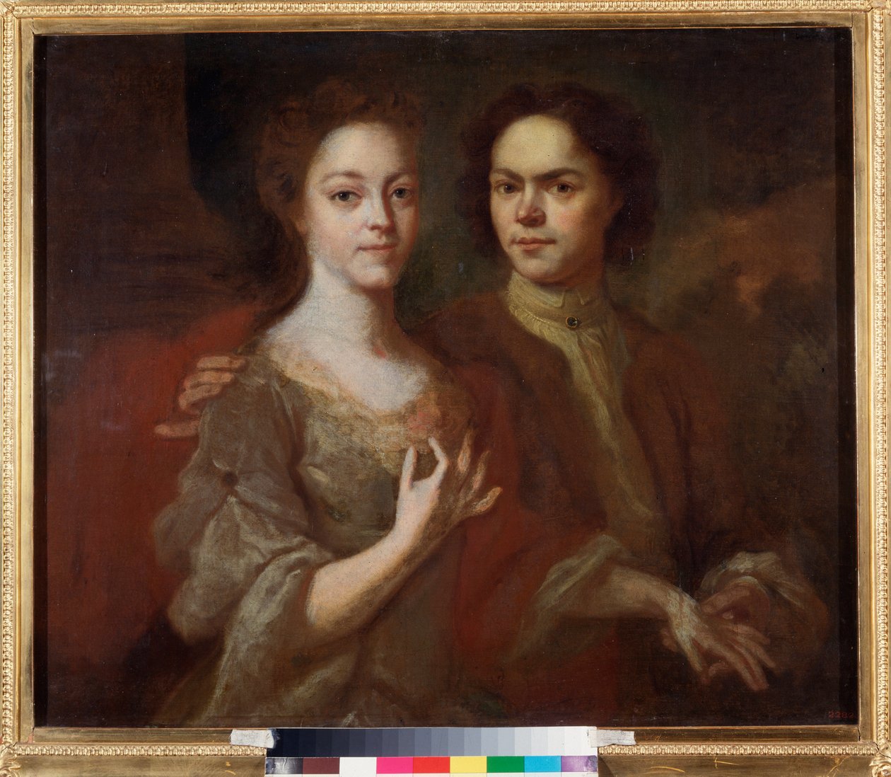 Karısı ile otoportre (Karısı ile Otoportre) - Resim Andrei Matveyevich Matveyev (Matveiev) (1701-1739), tuval üzerine yağlı boya, yaklaşık 1729 - Rus sanatı, 18. yüzyıl portresi - Devlet Rus Müzesi, Saint Petersburg by Andrei Matveyev