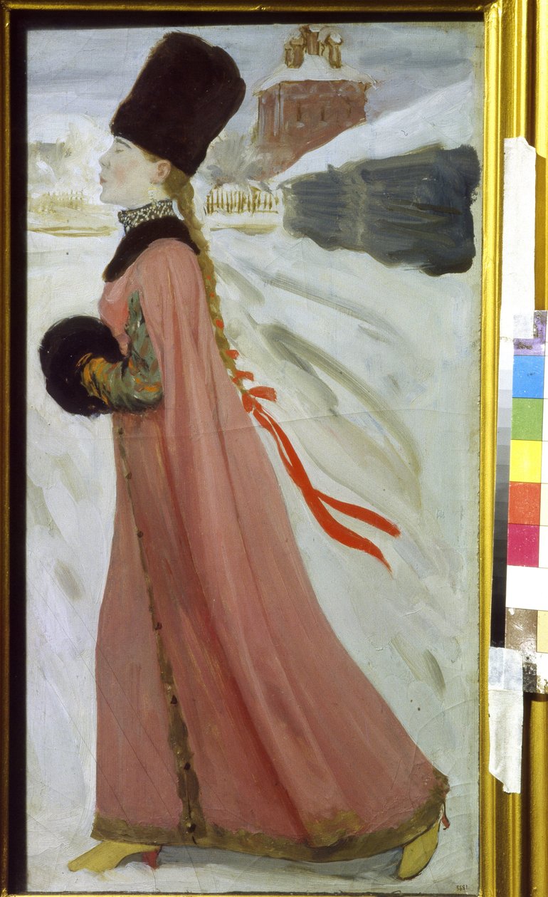 17. yüzyıldaki genç Moskova kızı (17. Yüzyılın Moskova Kızı). Karlı bir sokakta küstahça yürüyen bir Boyard (boiard, boiar) aristokratının portresi. Andrei Petrovich Ryabushkin (Riaboutchkine) (1861-1904), karton üzerine yağlı boya by Andrei Petrovich Ryabushkin