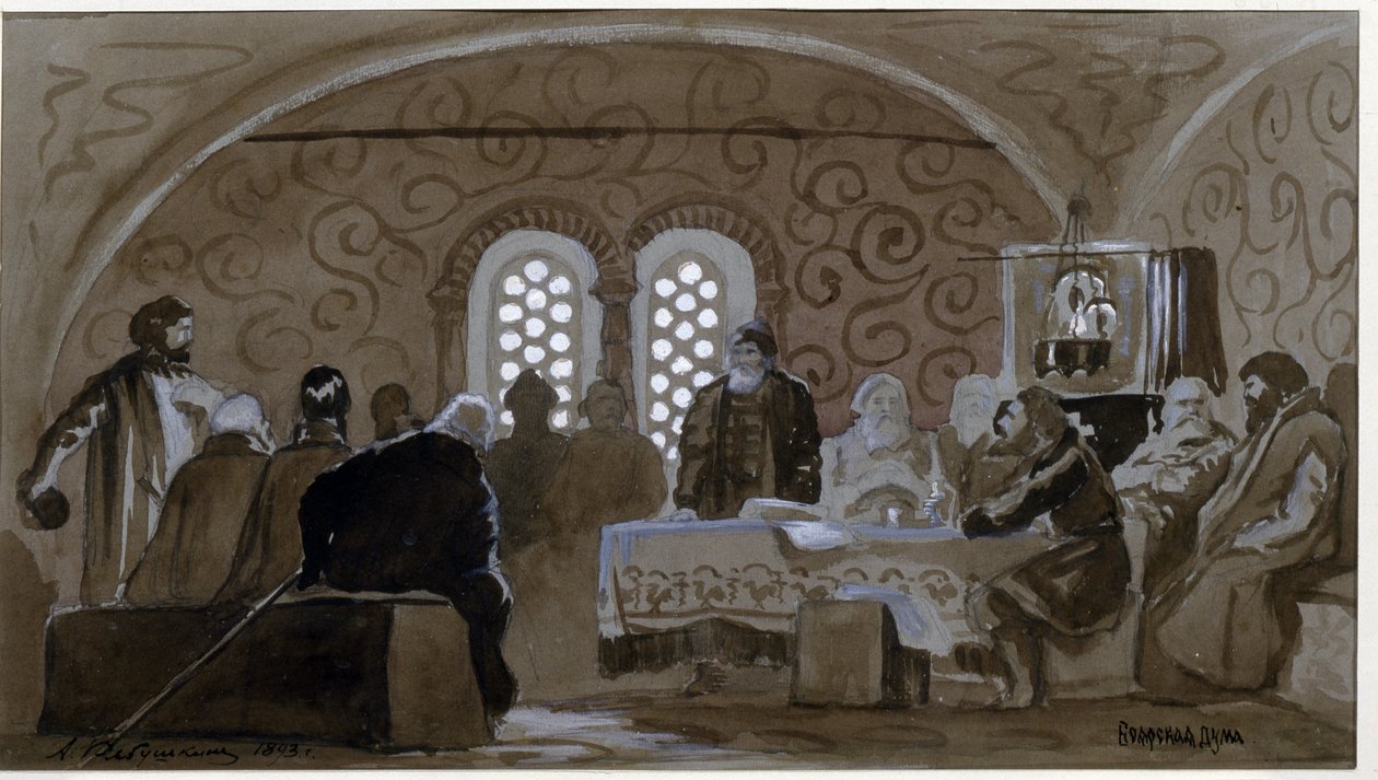 Boyarlar (boiardlar, boiarlar) (Boyar Duma) zamanındaki duma. Rusya Çarı I. Mihail (1596-1645) zamanında Kiev Rus Prensleri (Ruthenia) Danışma Konseyi. Andrei Petrovich Ryabushkin