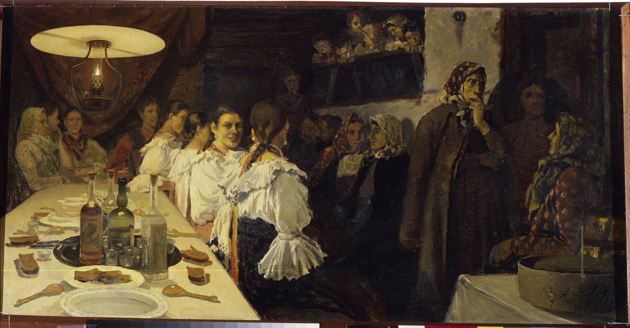 Novgorod Eyaletindeki Bir Kiliseden Gelin Çiftinin Dönüşünü Bekliyor. Andrei Petrovich Ryabushkin (Riabutchkin) (1861-1904) tarafından tablo, tuval üzerine yağlı boya by Andrei Petrovich Ryabushkin