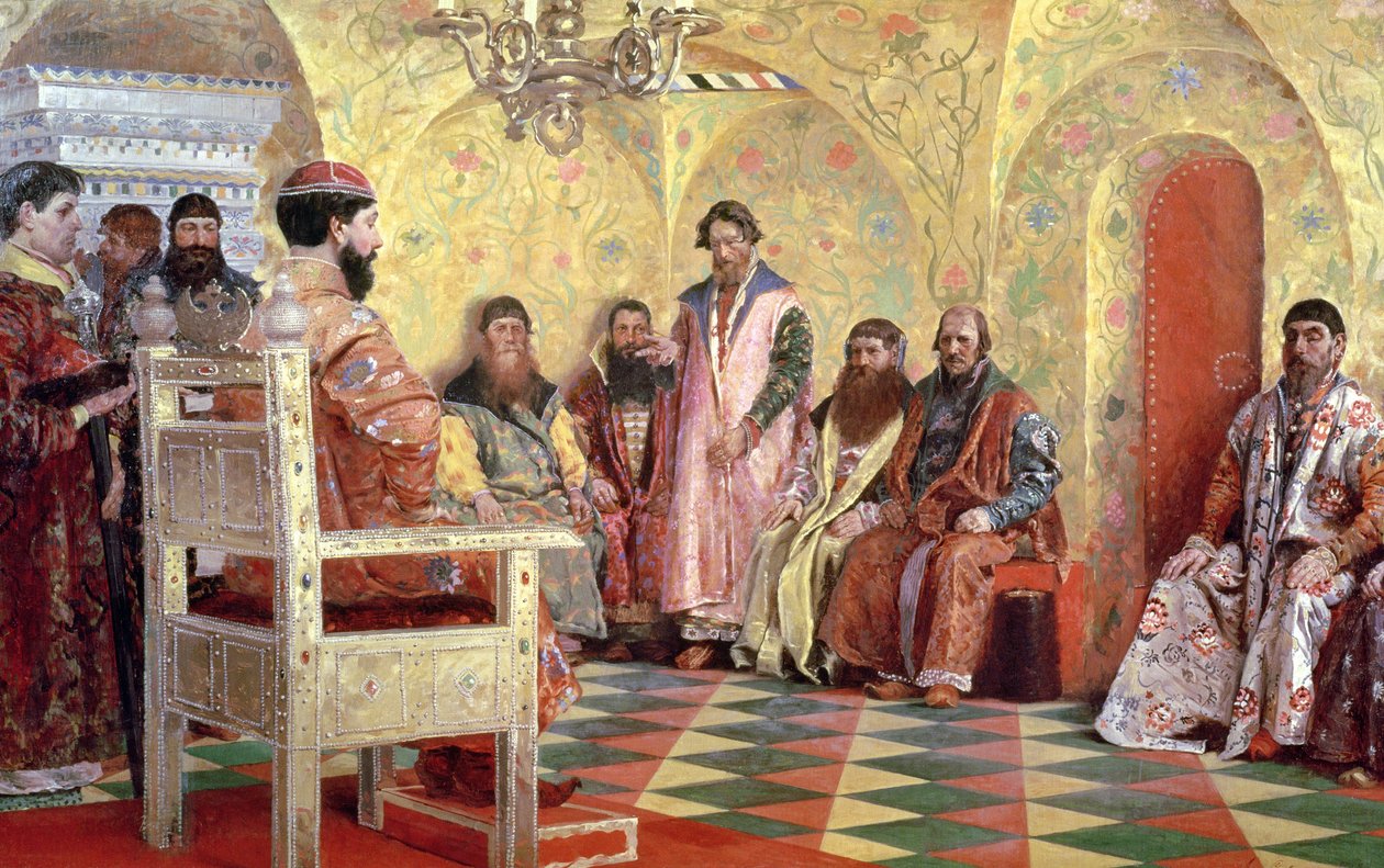 Çar Mihail Fyodoroviç (1596-1645), Odasında Oturan Boyarlarla, 1893 by Andrei Petrovich Ryabushkin
