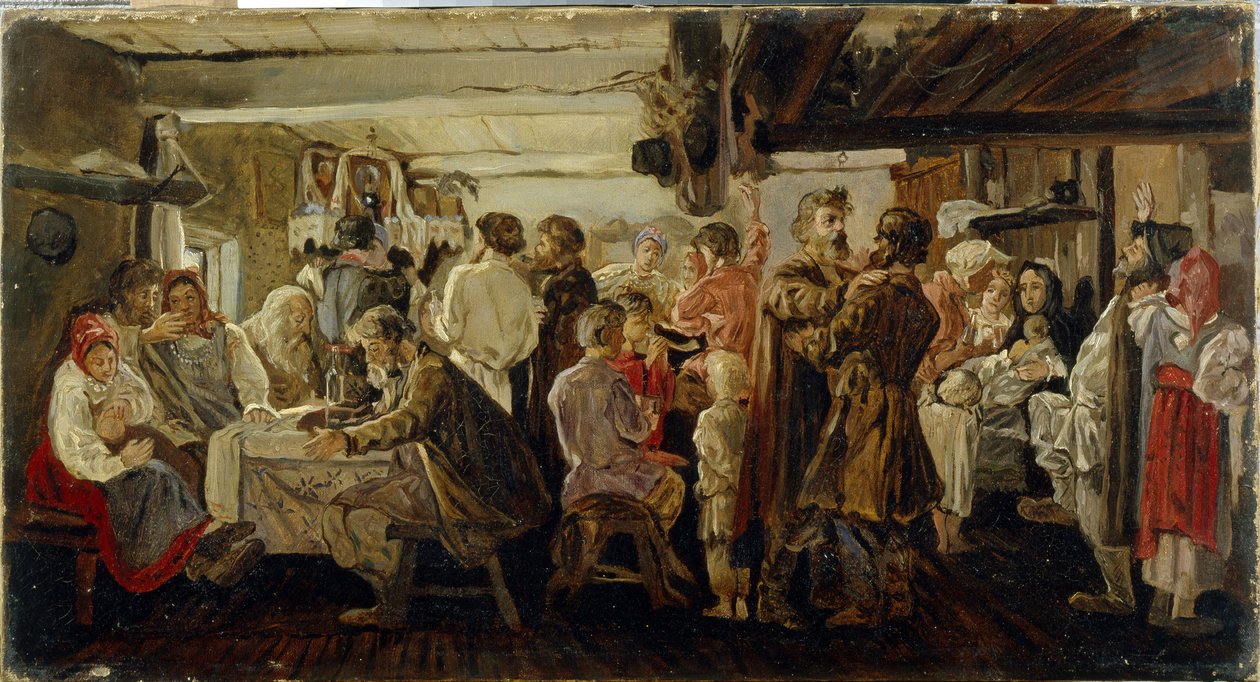 Tambov bölgesinde (Rusya) bir köylü düğünü. (Tambov Bölgesinde Köylü Düğünü). Andrei Petrovich Ryabushkin (Riaboutchkine) (1861-1904), tuval üzerine yağlı boya, 1880 dolayları. 19. yüzyıl Rus sanatı. Devlet Tretyakov Galerisi, Moskova. by Andrei Petrovich Ryabushkin