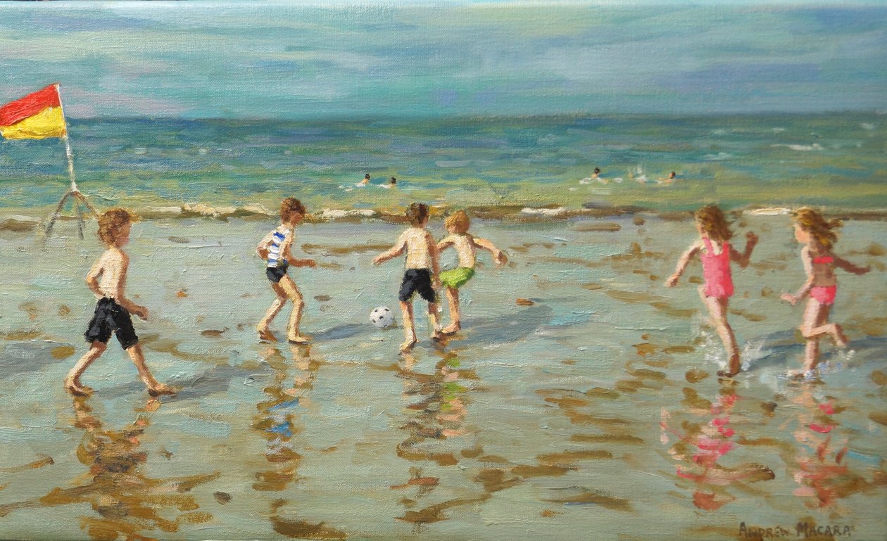Plaj futbolu, Sheringham, 2018 (tuval üzerine yağlıboya) by Andrew Macara