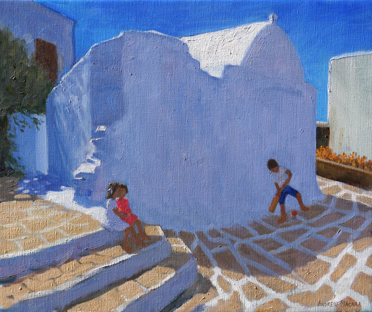 Kilise duvarının yanında kriket, Mykonos (tuval üzerine yağlı boya) by Andrew Macara