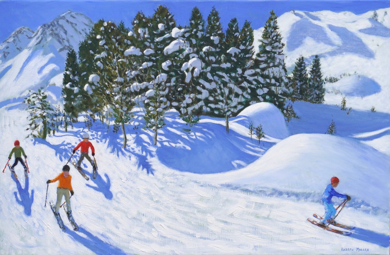 Dört Alp Kayakçısı, 2024, (tuval üzerine yağlıboya) by Andrew Macara