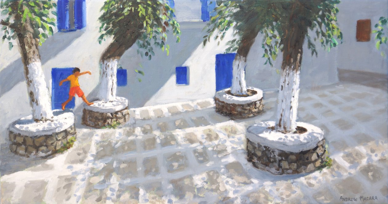 Dört Ağaç, Mikonos Kasabası, 2022 (tuval üzerine yağlı boya) by Andrew Macara