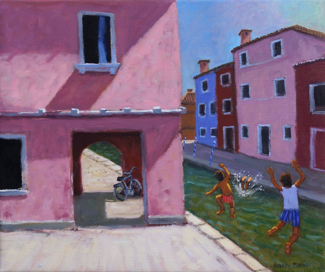 Kanala atlamak, Murano, Venedik, 2021 (tuval üzerine yağlı boya) by Andrew Macara